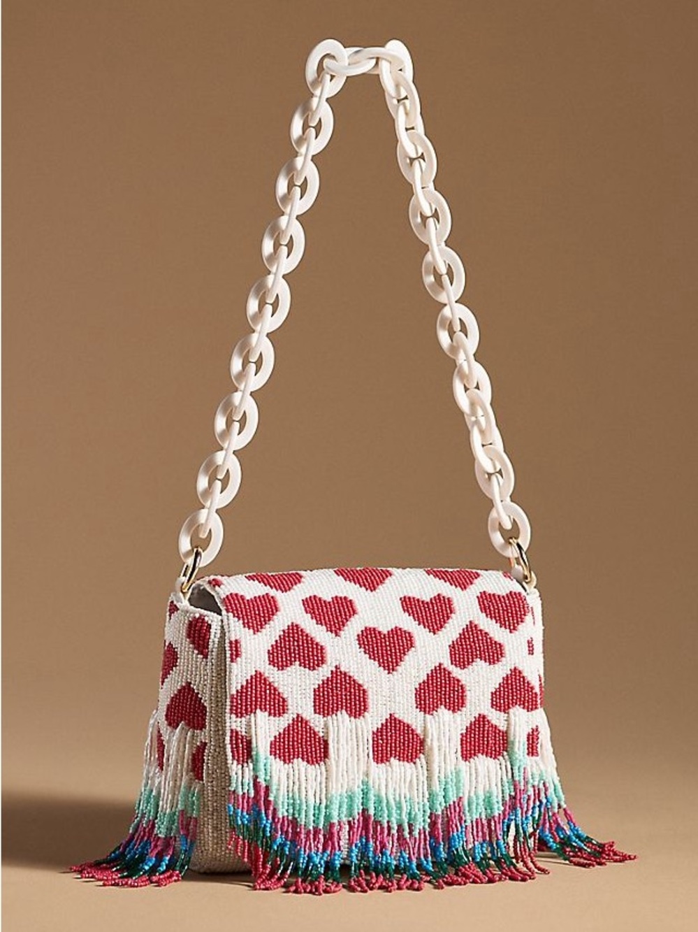 Anthropologie Beaded Heart Fringe Shoulder Bag / Purse in Cream and Red NWT